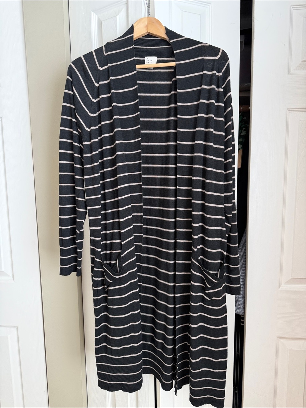 a new day Black and White Striped Open Long Cardigan… great for travel! XXL